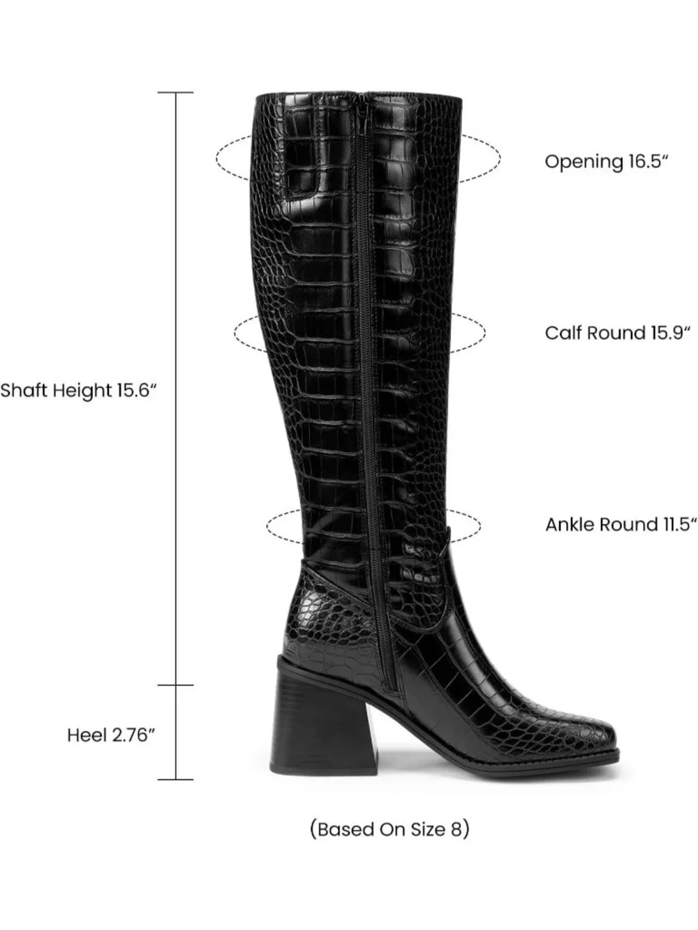 Women's Black Croco Chunky Block Heel Square Toe Side Zipper Knee High Boots